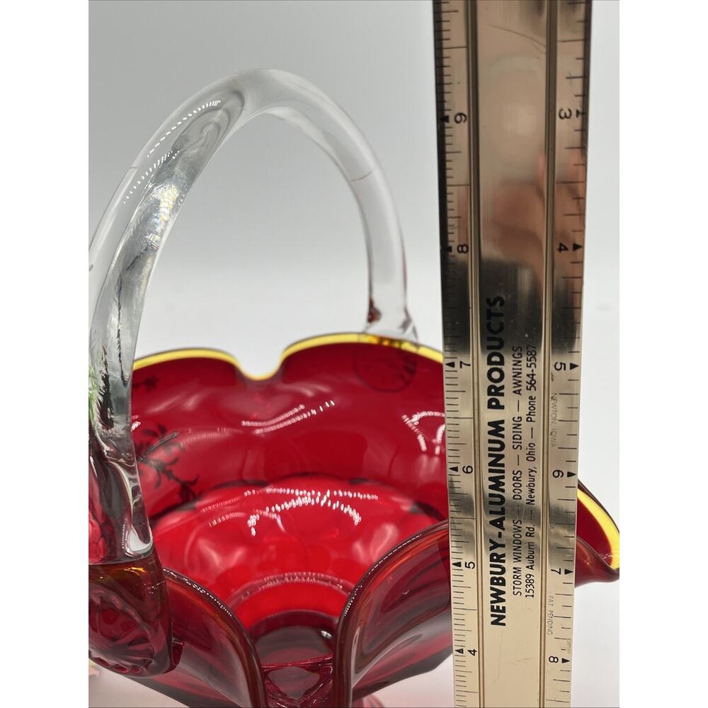 Viking Glass Ruby Amberina Georgian Handled Basket 9.5" Yellow Rim Art Glass USA - Picture 2 of 10